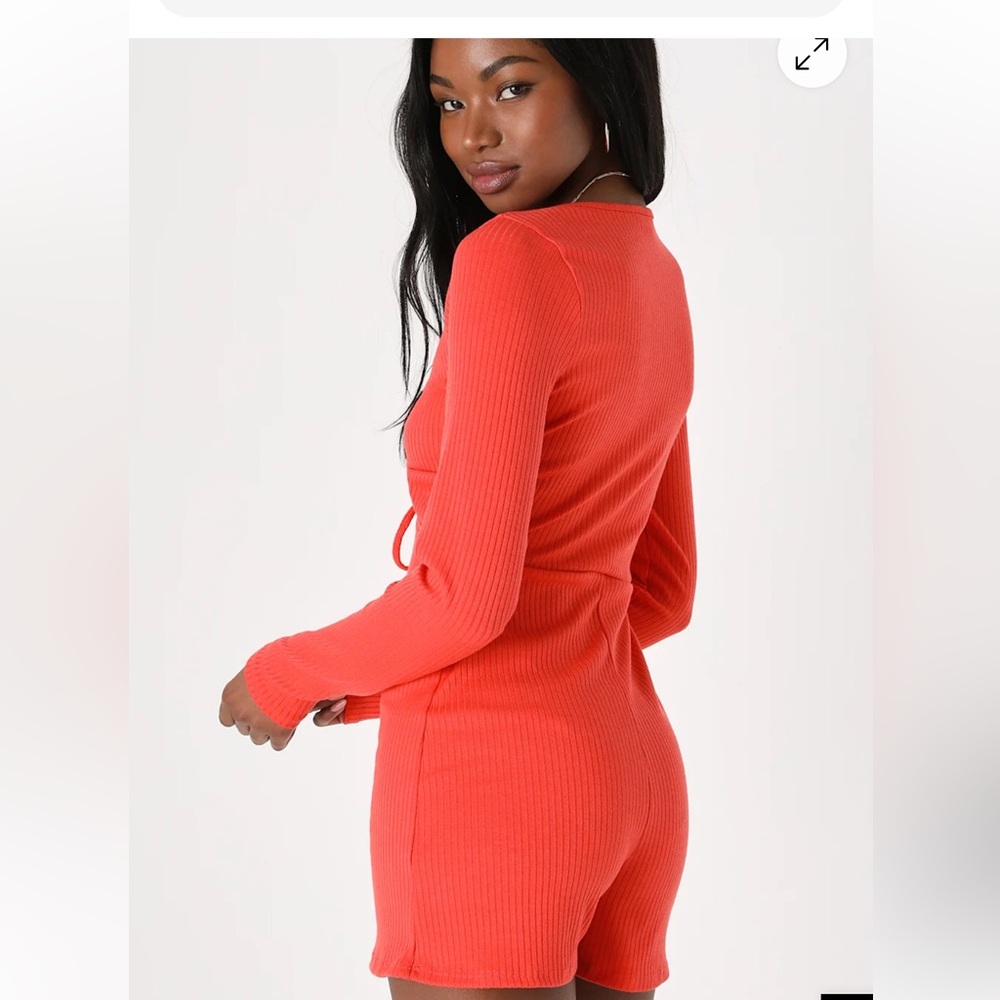 Lulu’s Dark Orange Long Sleeve Ruched Romper - Picture 2 of 7